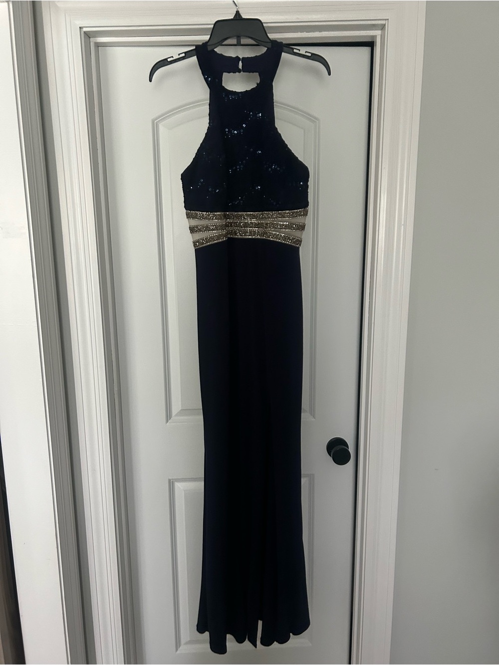 Navy Sequin Halter Evening Gown with Metallic Waistband